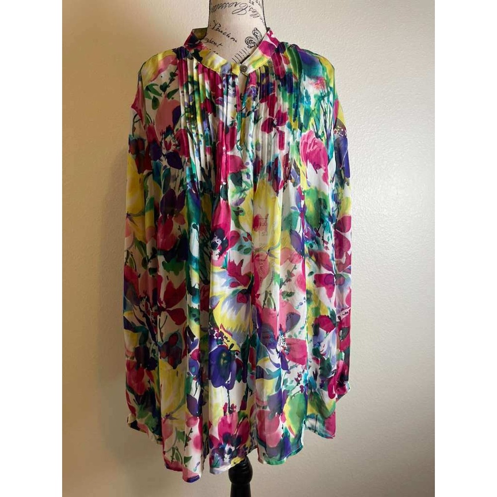 Jones New York Woman 24W Floral Watercolor Pleated Tunic Blouse G395C2547J Multi